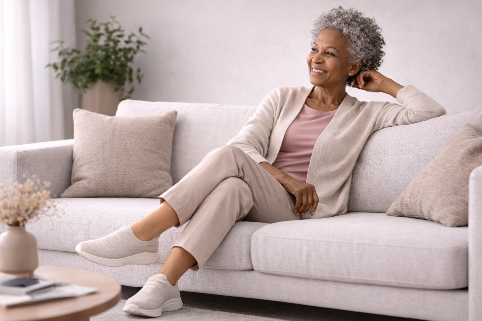 Woman sitting on a white couch in a bright living room